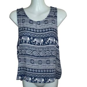 Preloved | M | Women's Sleeveless Elephant Tank, Blue and White Top.